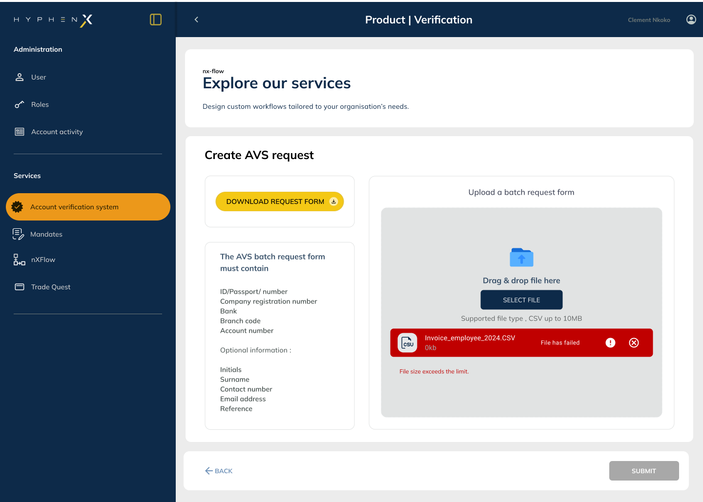 Batch Upload Component screen