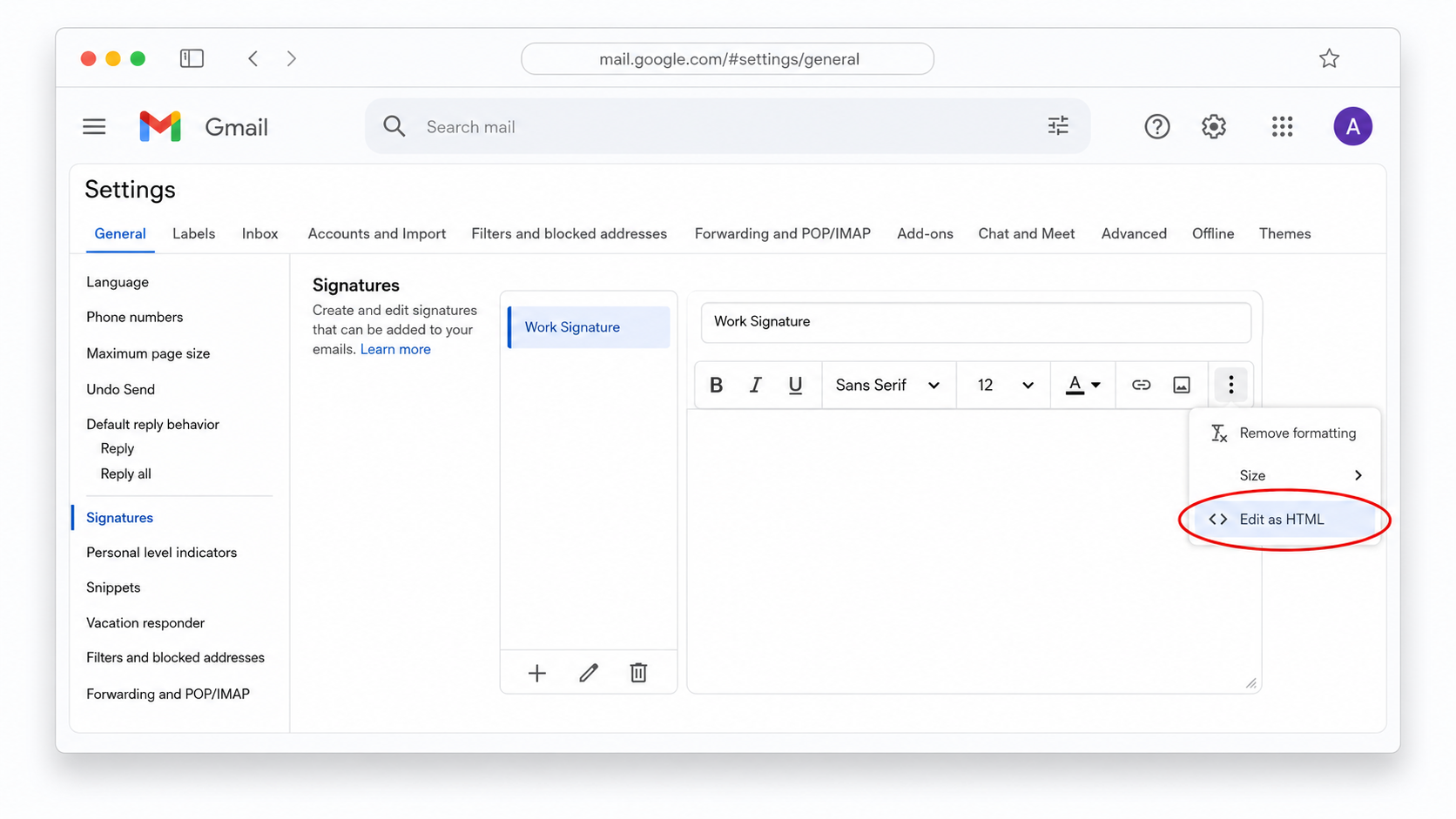 Gmail guide screenshot showing the separate HTML signature editor.