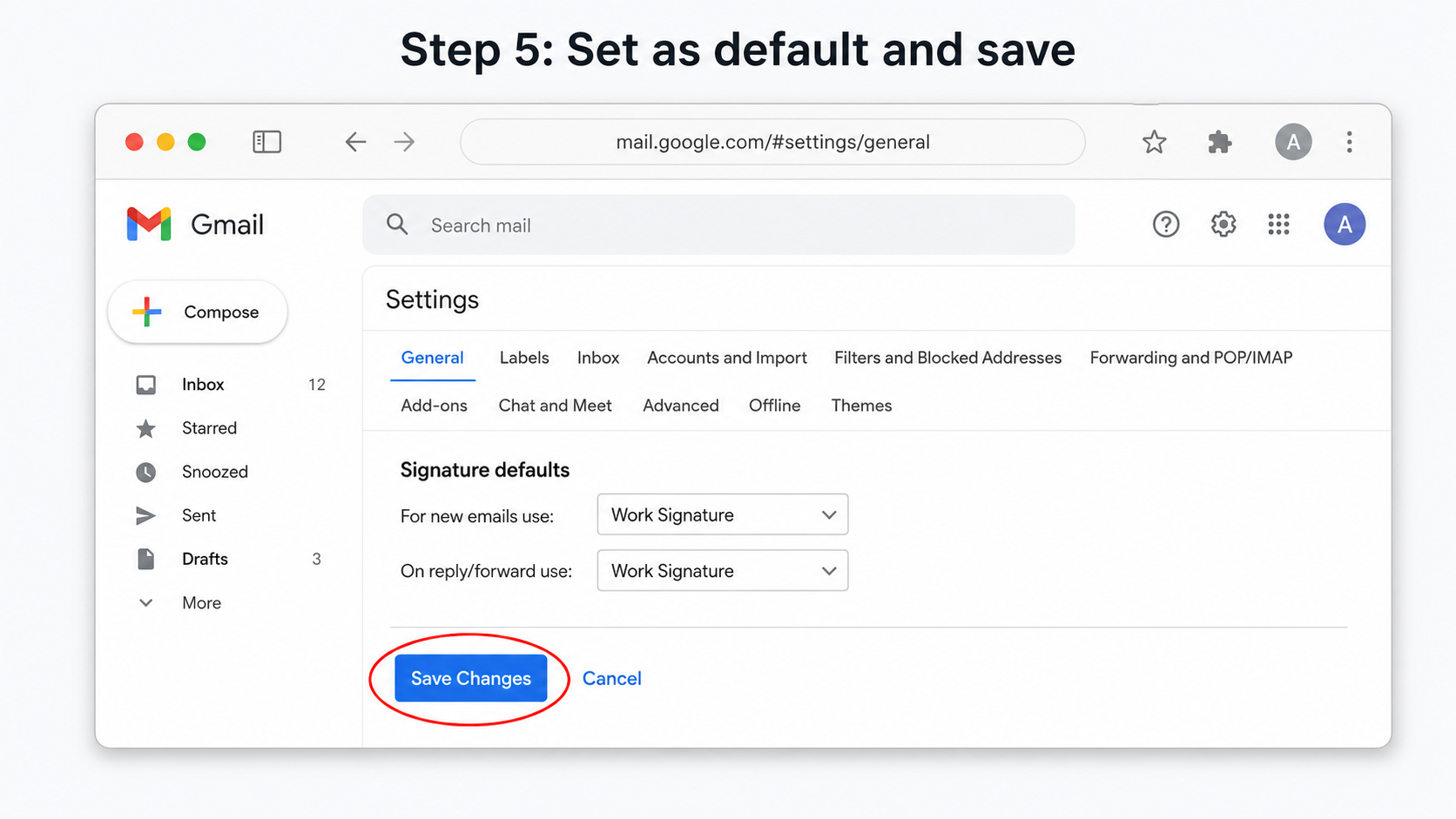 Gmail guide screenshot showing signature defaults and the save action.