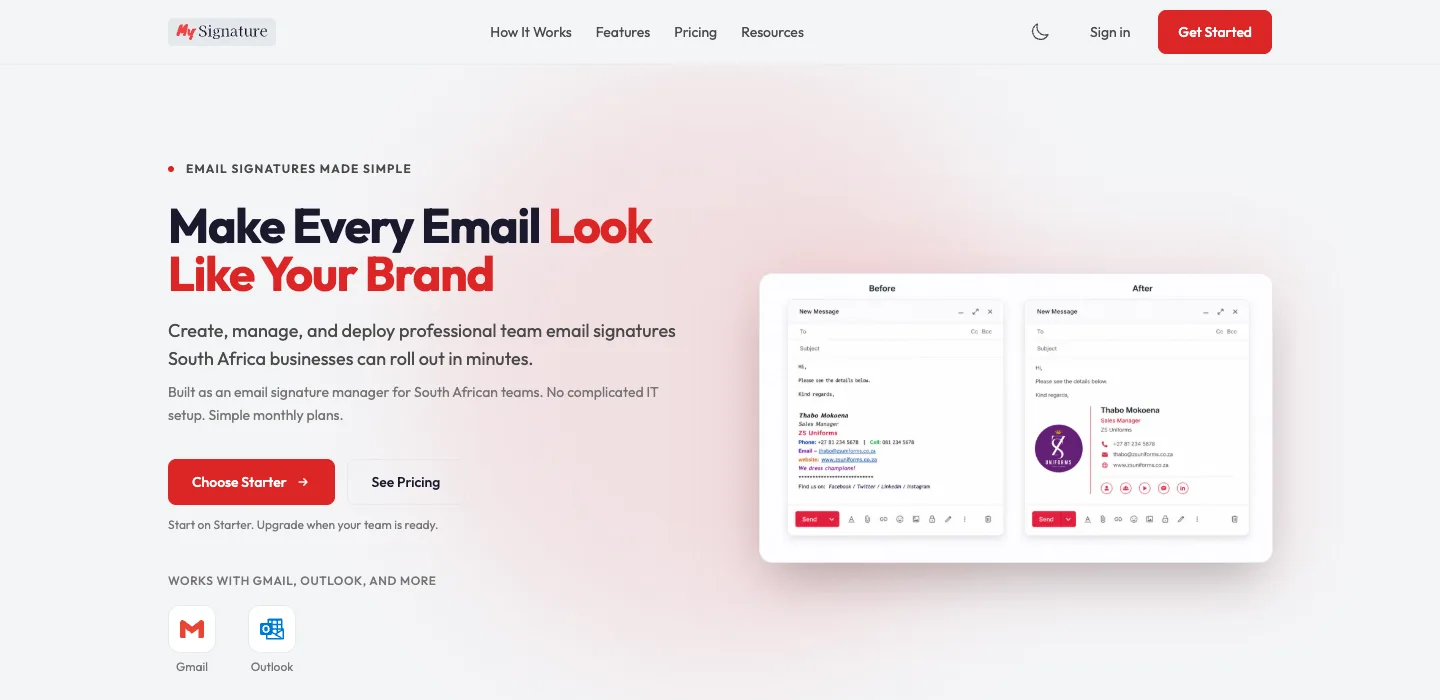 MySignature landing-page hero showing its branded email signature product.