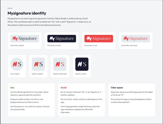 MySignature design system board showing horizontal and square logo variants across light and dark surfaces, plus usage and clear-space guidance.